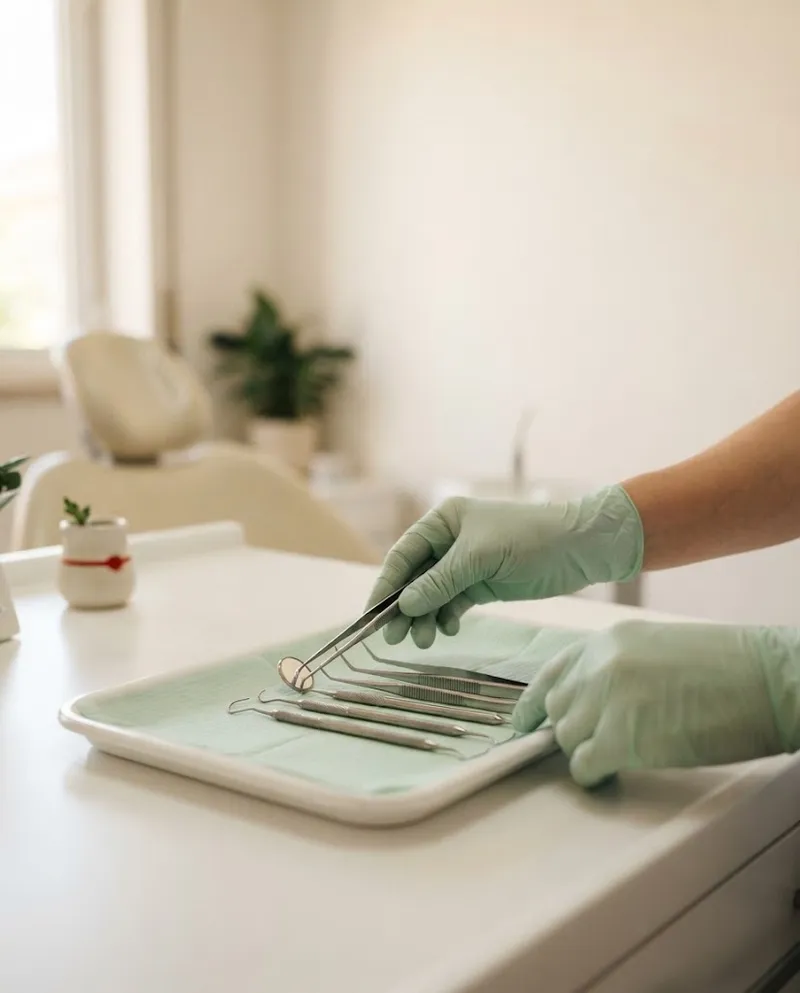 Instrumentos dentários num tabuleiro limpo, mãos com luvas