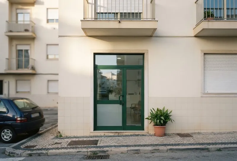 Entrada de uma pequena clínica dentária num rés-do-chão de uma rua residencial tranquila de Paço de Arcos, luz da manhã