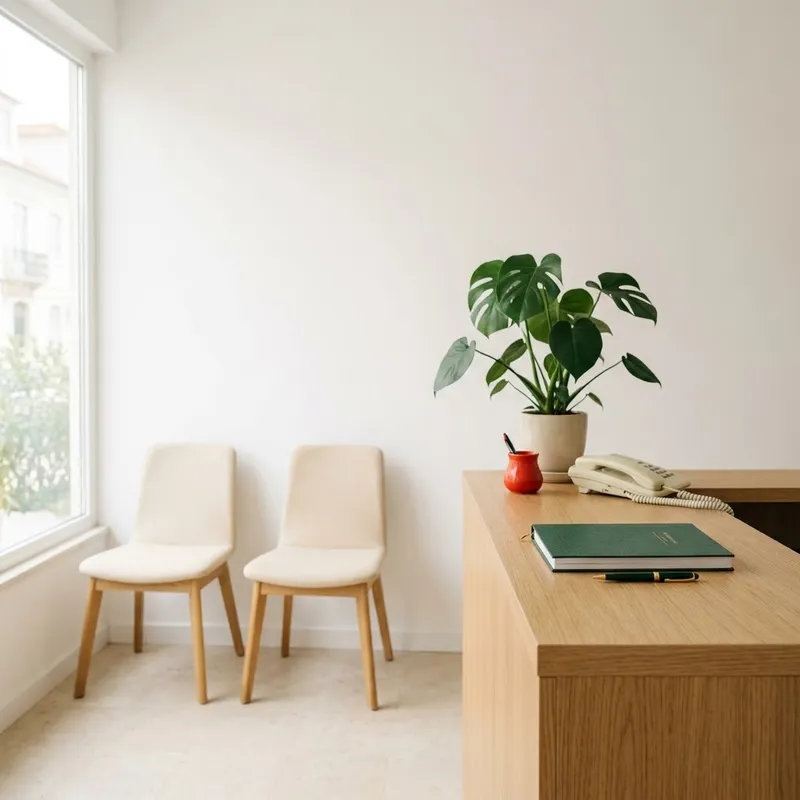 Receção pequena e calma, com uma planta e balcão de madeira